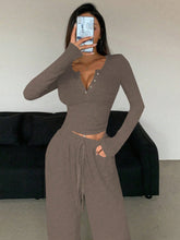 2pcs Women Casual Sports Set, Women Solid Color Camel 2-Piece Set, V-Neck Button-Up Top And Pants With Drawstring